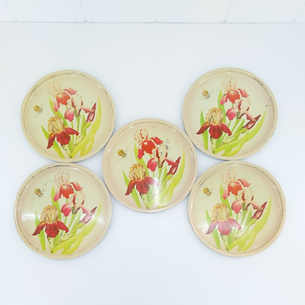 Vintage Iris Flower Metal Tray‎ Set, Floral Serving Trays, Home Decor, Bee